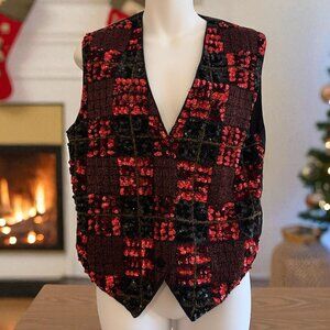 VINTAGE Sequin & Beaded Plaid Vest | Holiday Party Glam | Size S